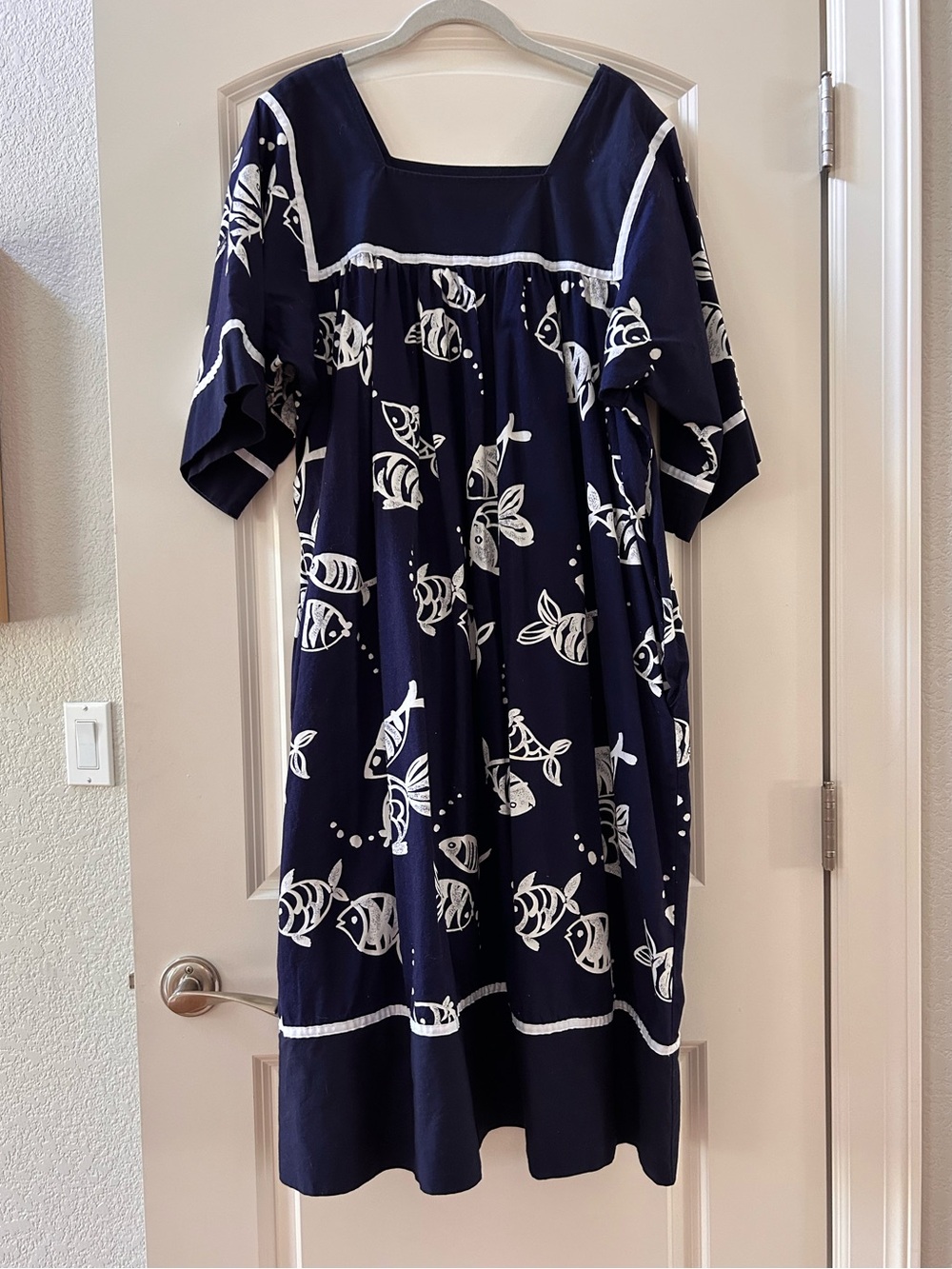 VTG Krist Gudnason Cotton Square Neck MuuMuu House Dress. Fish Print. Tropical
